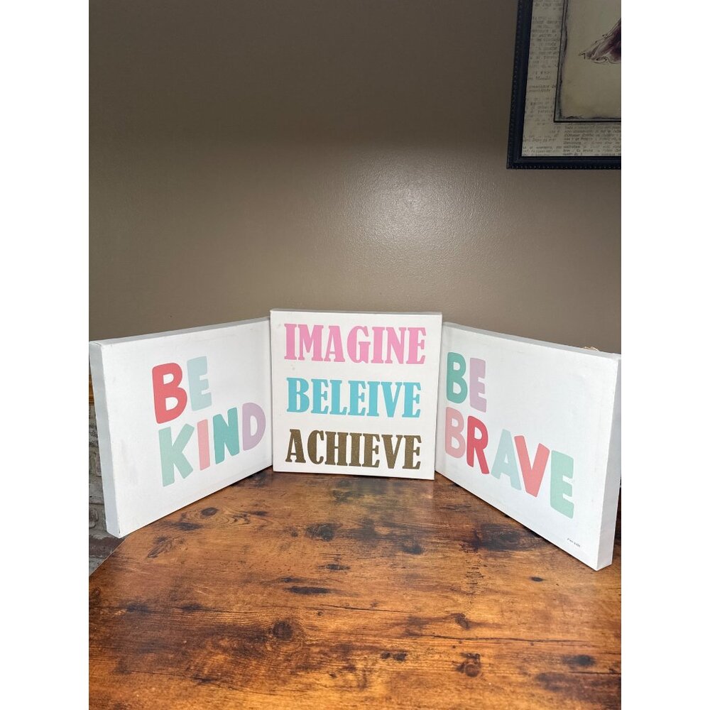 Inspirational Canvas Wall Art Set of 3 - "Imagine  Achieve", “Be Kind” & Be Bave
